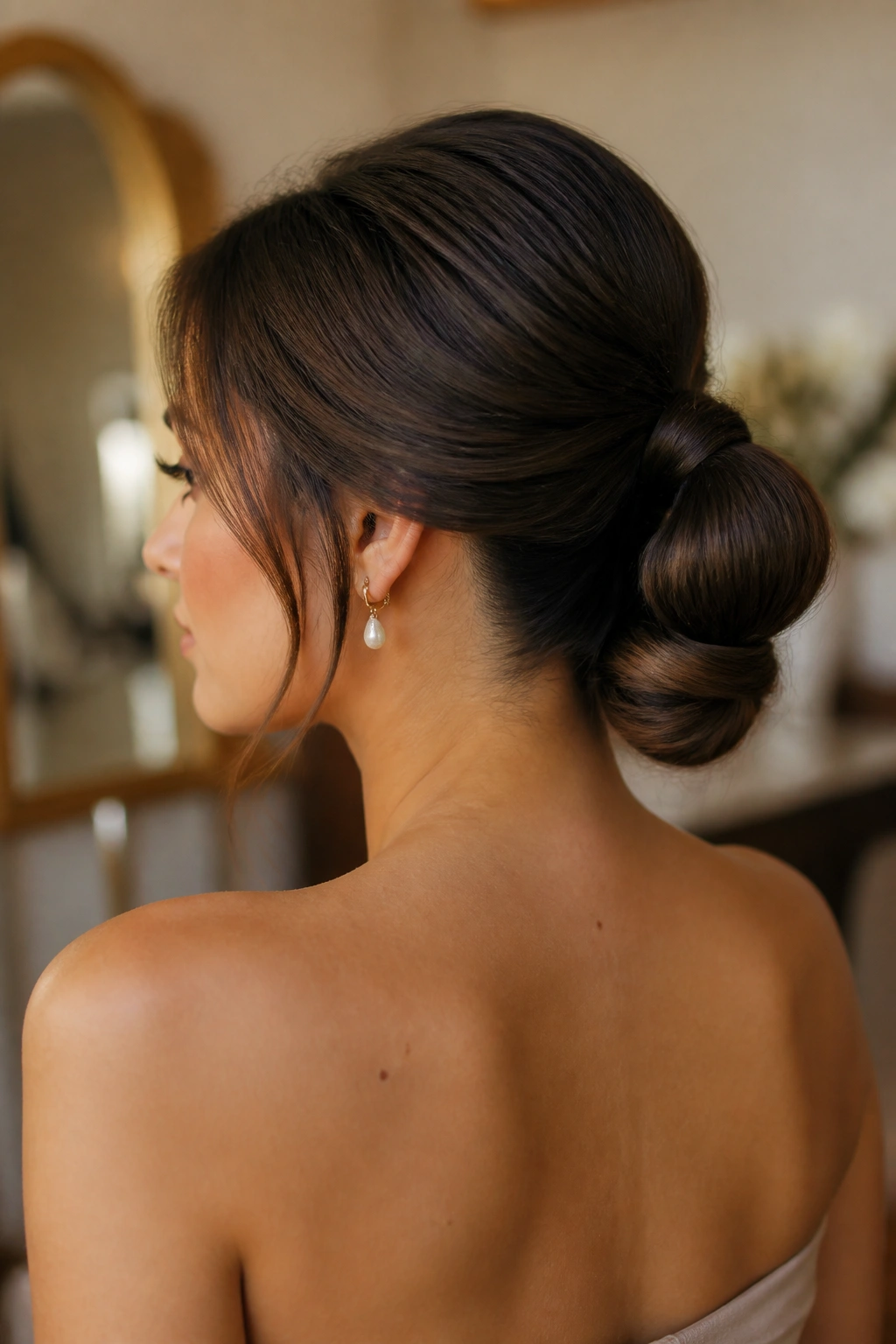 Close-up of a real woman with bubble ponytail tucked finish in a bridal suite