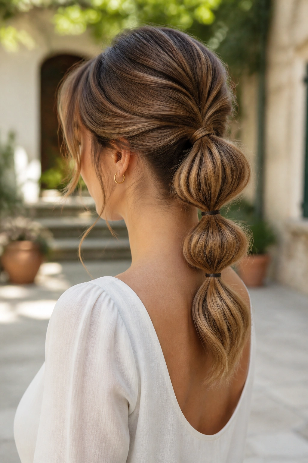 Back/side portrait of a real woman with a bubble ponytail and soft volume