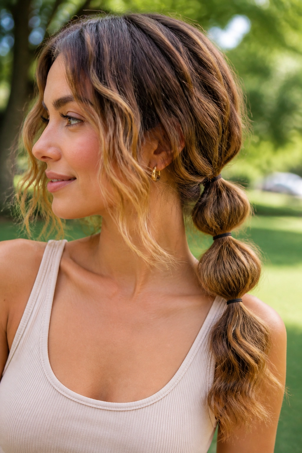 Portrait of a person with a bubble ponytail on wavy hair