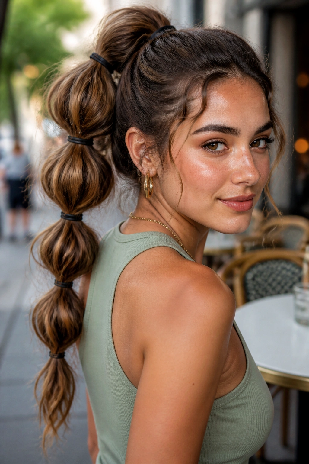 Close-up of a real woman with a bubble ponytail on natural waves in outdoor light