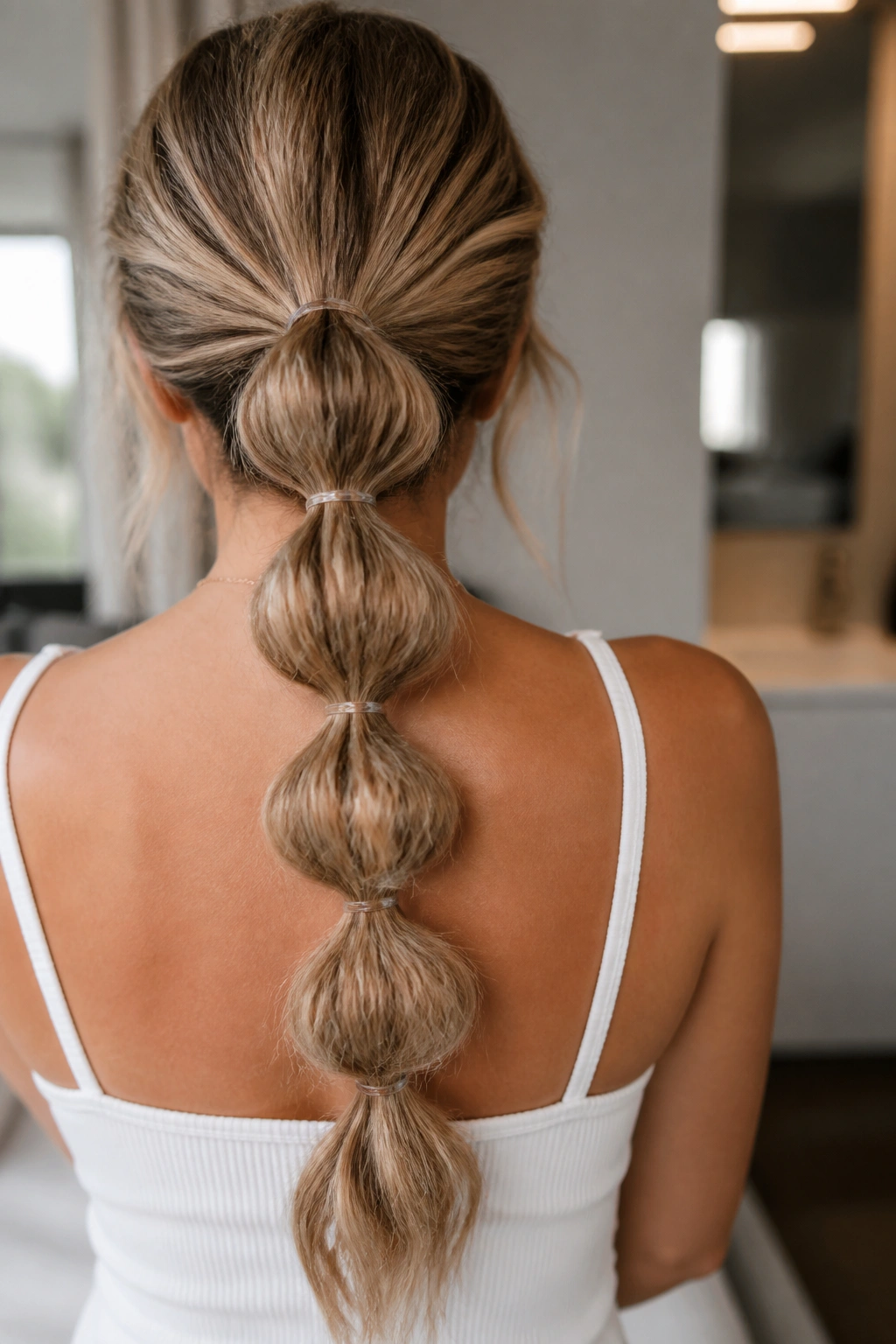 Back view of a woman with a bubble ponytail showing elastic bubbles along the length