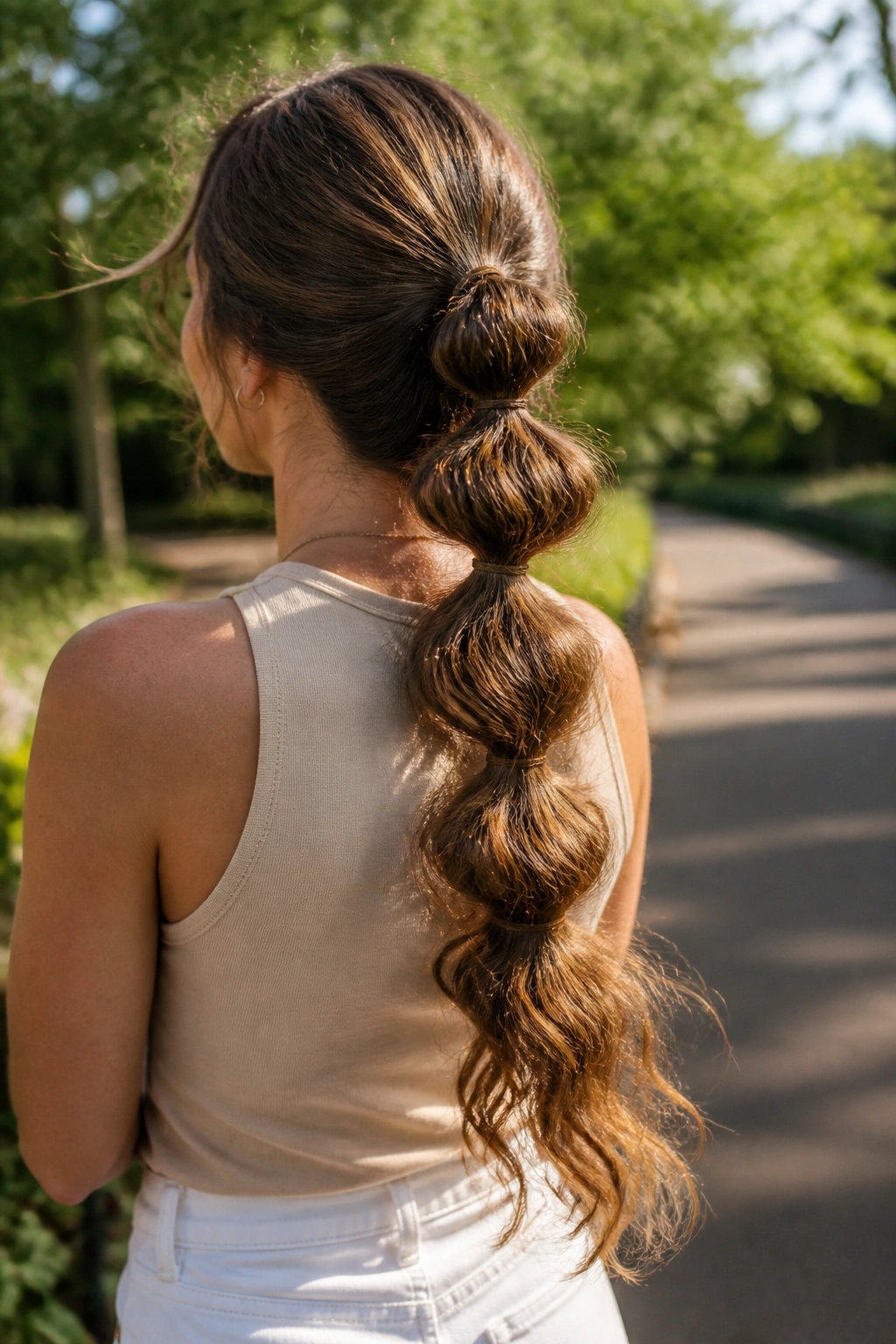 Rear three-quarter view of bubble ponytail with soft ends outdoors
