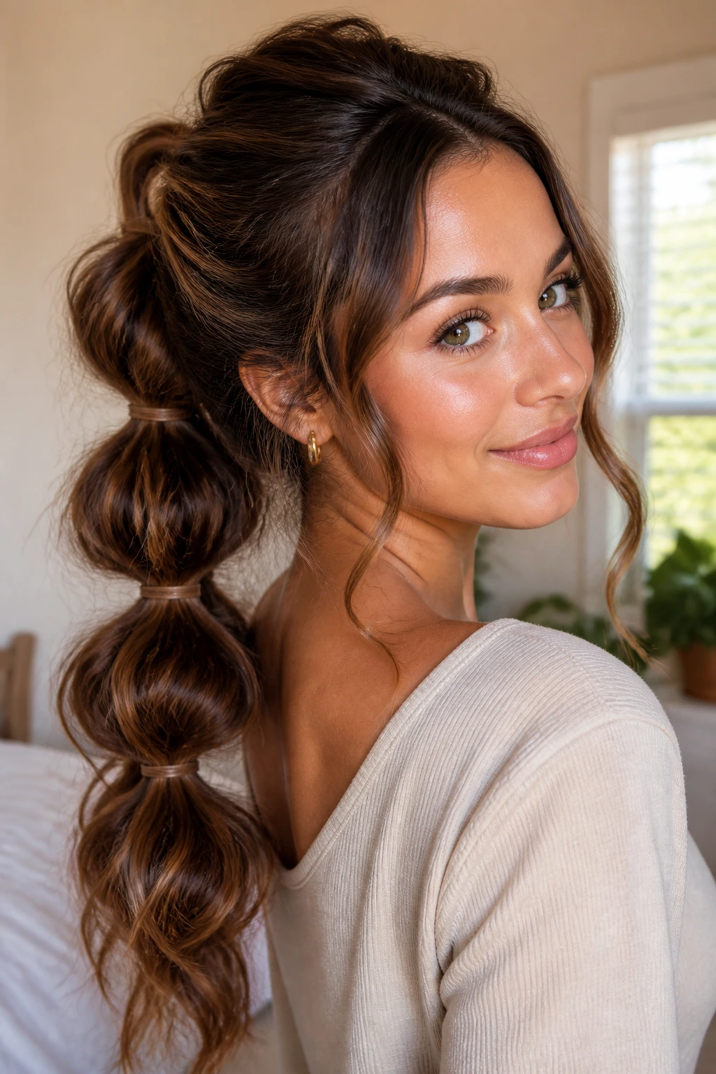 Close-up portrait of a real woman with a bubble ponytail on soft waves, head and shoulders