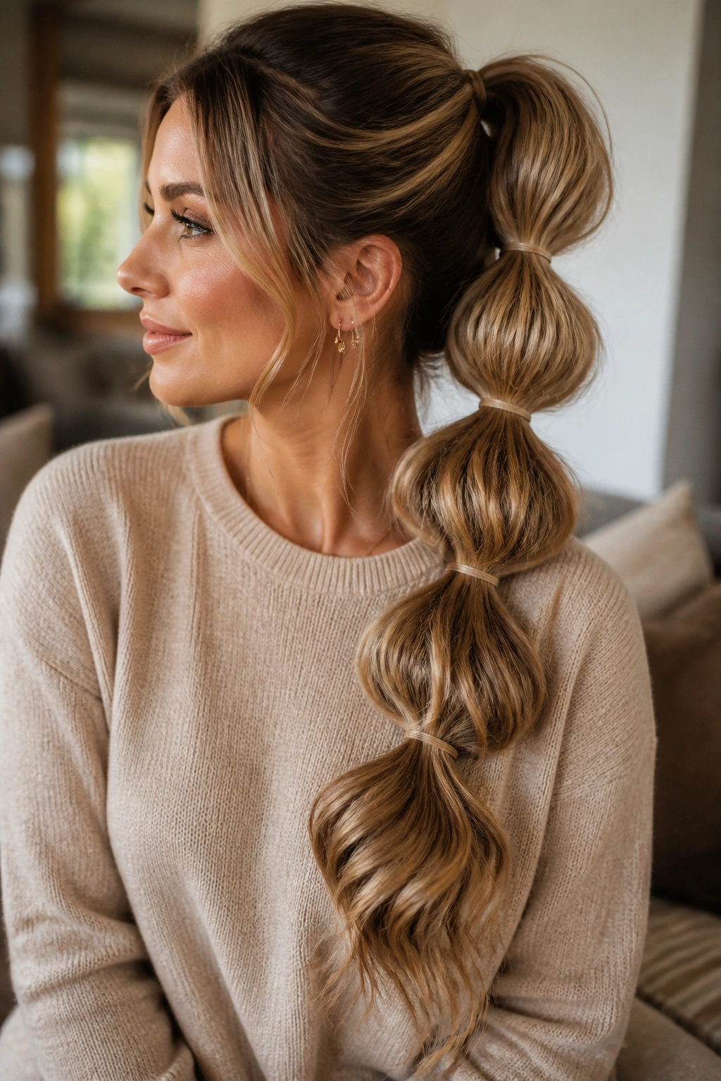 Close-up of a real woman with a bubble ponytail and soft waves in a cozy room