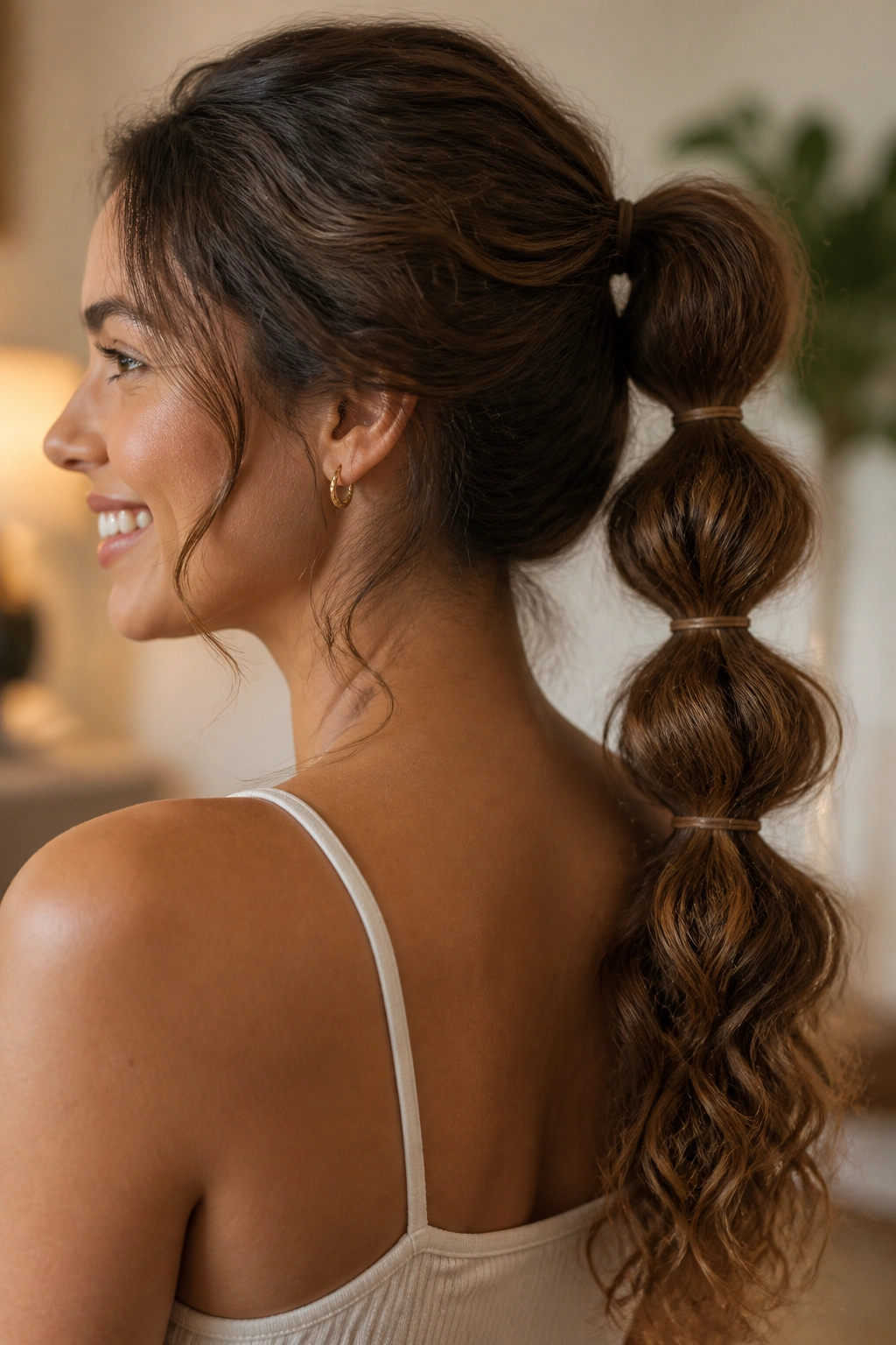 Close-up of a real woman with a bubble ponytail on wavy hair in warm indoor light