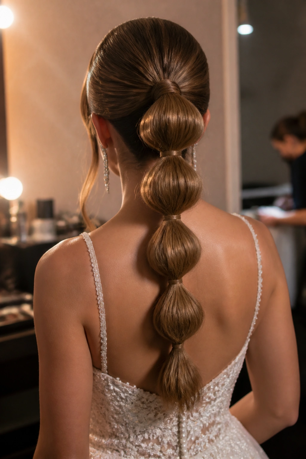 Back view of real bride with a bubble ponytail under soft backstage wedding lighting