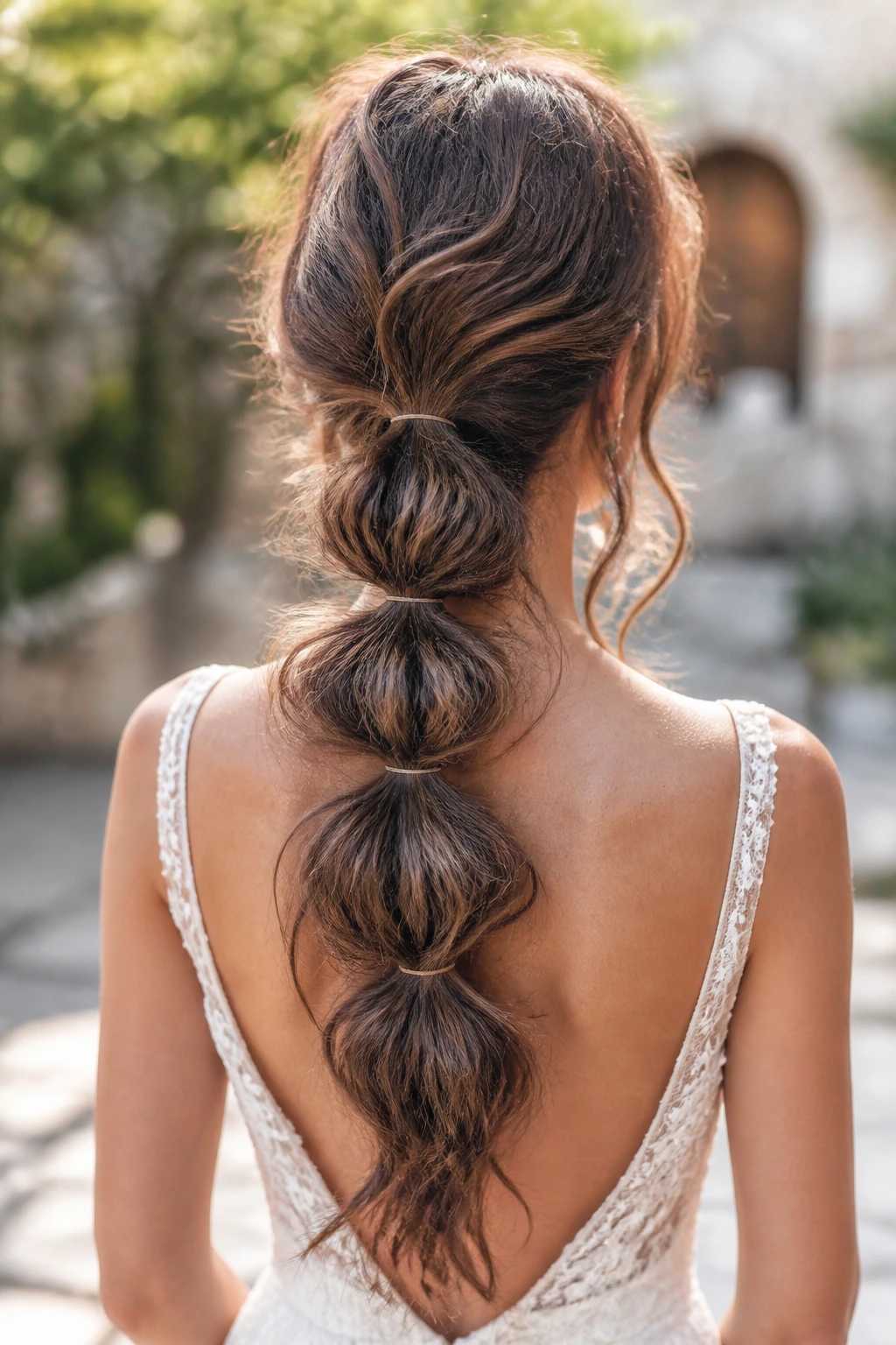 Back of head close-up with bubble ponytail and wolf cut texture