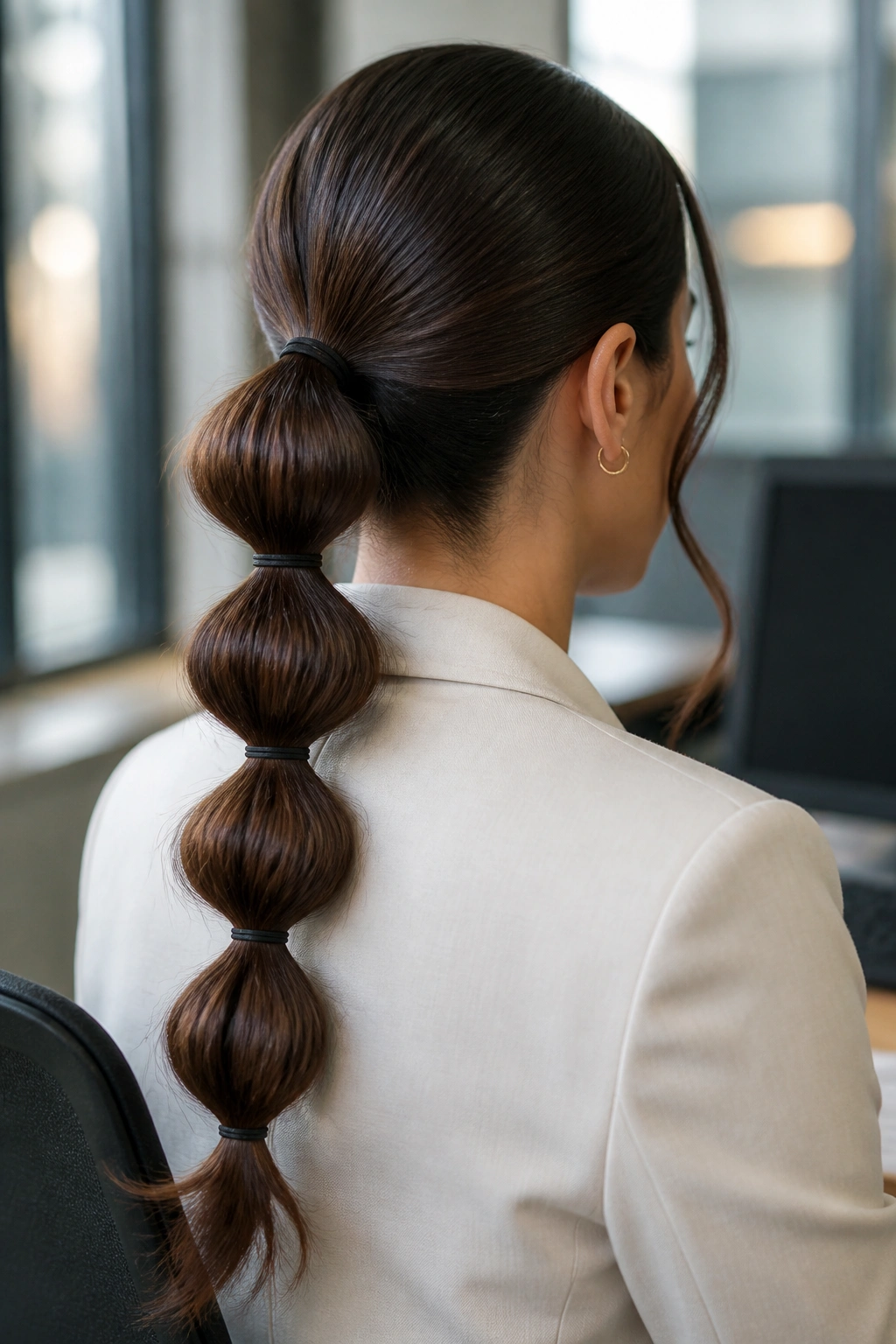 Real person with a bubble ponytail showing evenly spaced elastic bubbles along a low ponytail.
