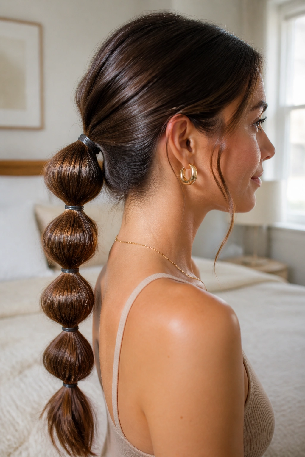 Side profile of a woman with a bubble-section plait ponytail showing bubble sections.
