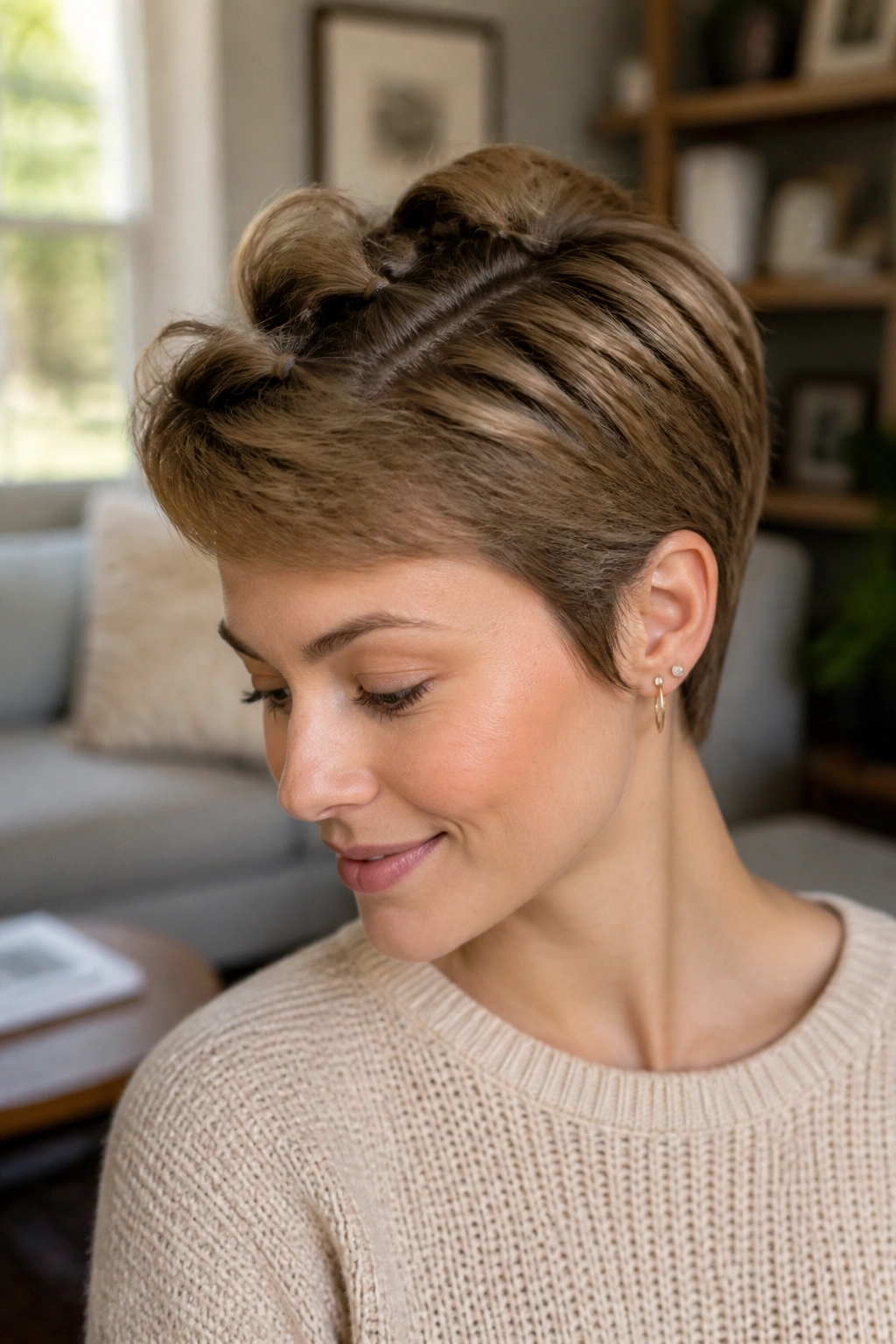 Close-up of a real woman showing small bubble sections on a grown-out pixie.