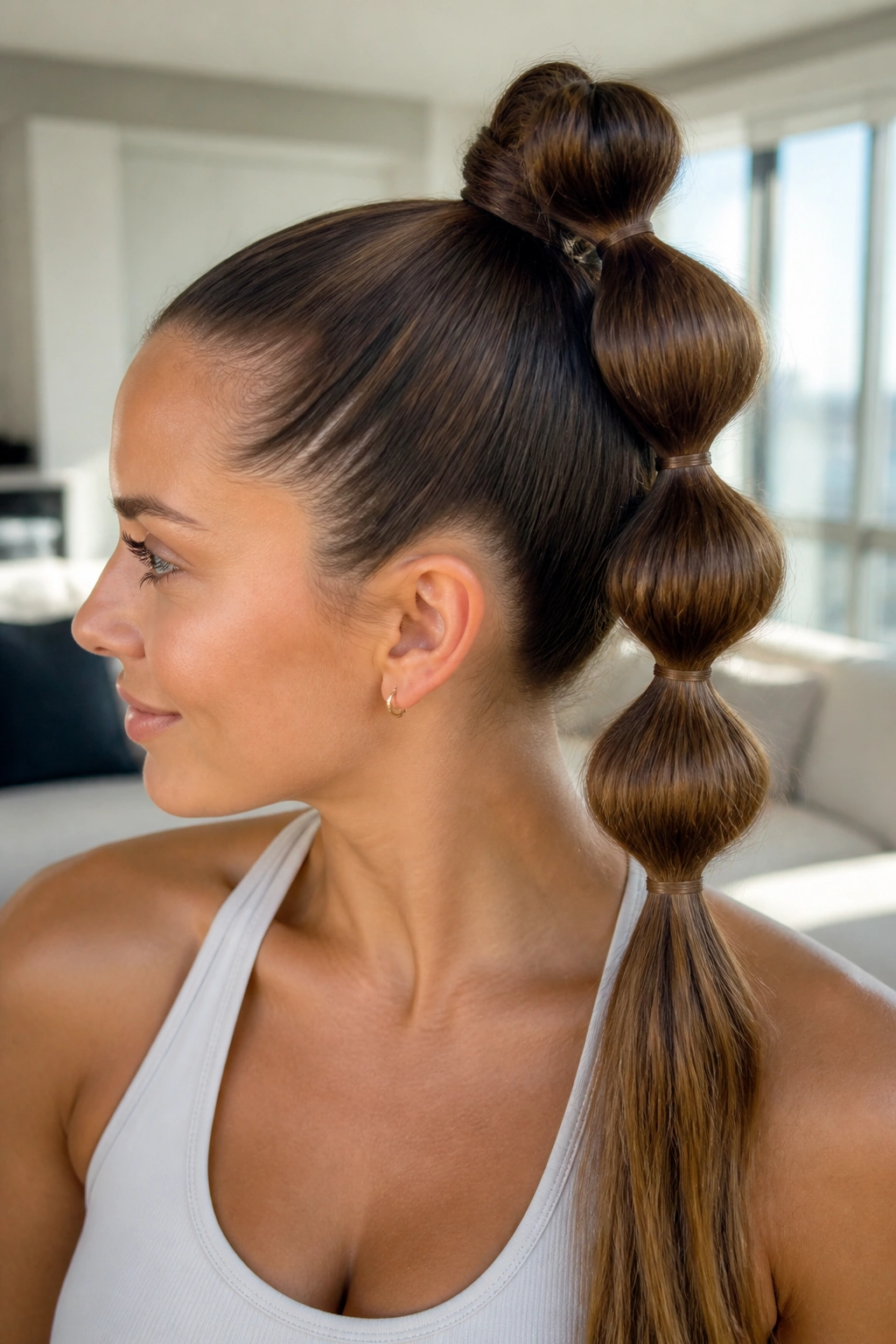 Close-up of real person with bubble top knot showing segmented bubbly sections on a high bun.