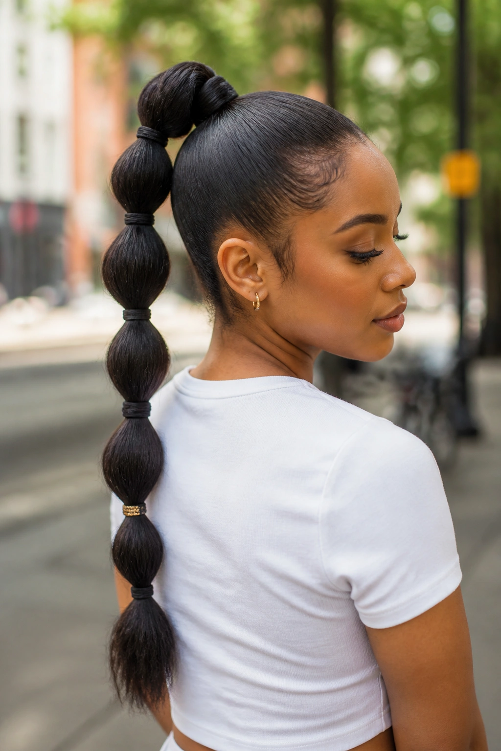 Close-up of a real woman with a bubble twist ponytail and a small gold cuff.