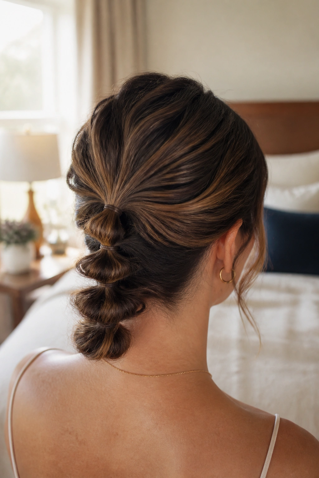 Back-of-head close-up of a real woman with bubble-twist low updo showing evenly spaced bubbles along the back