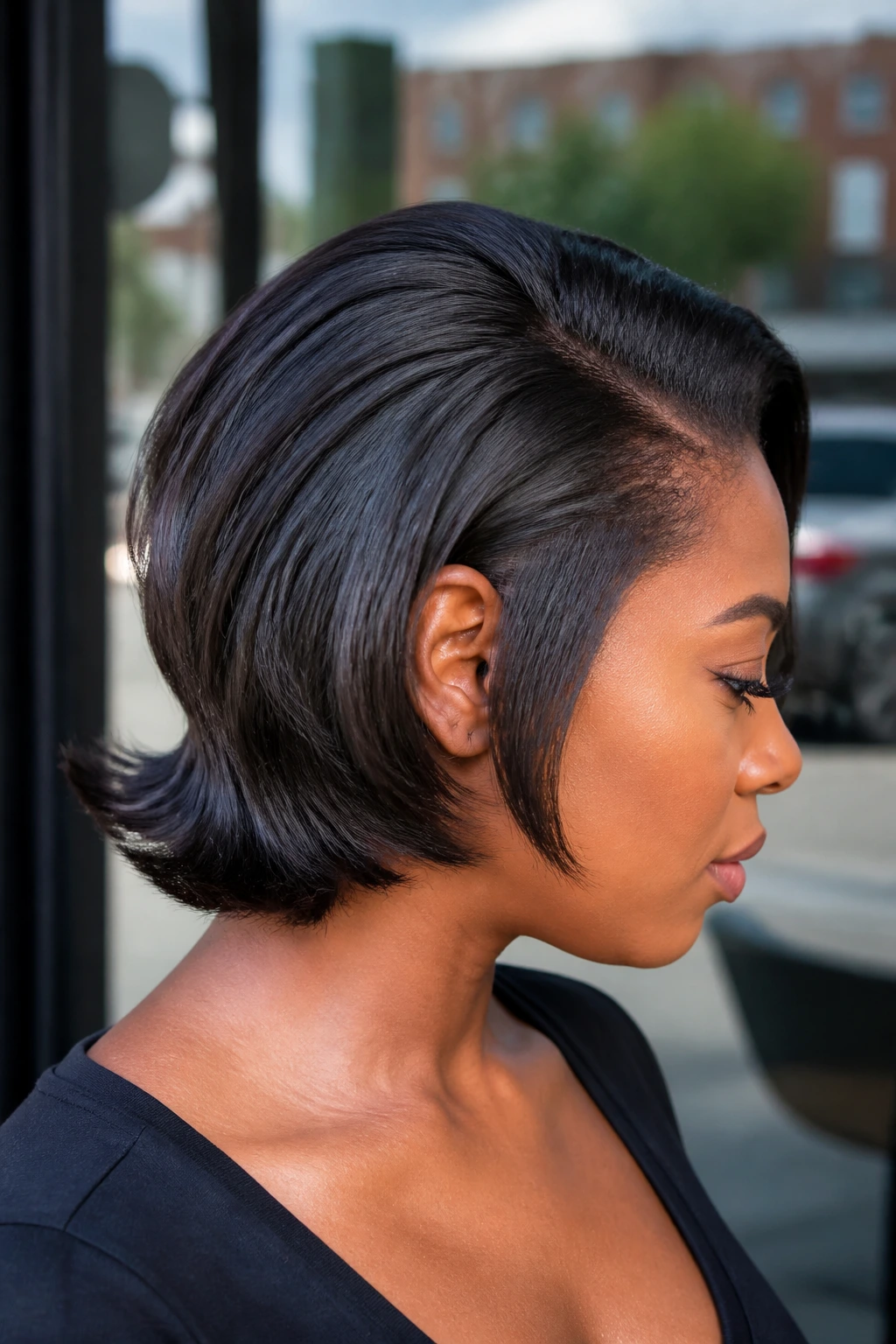 Close-up of a real woman with a bump-ended bob and nape flip in daylight