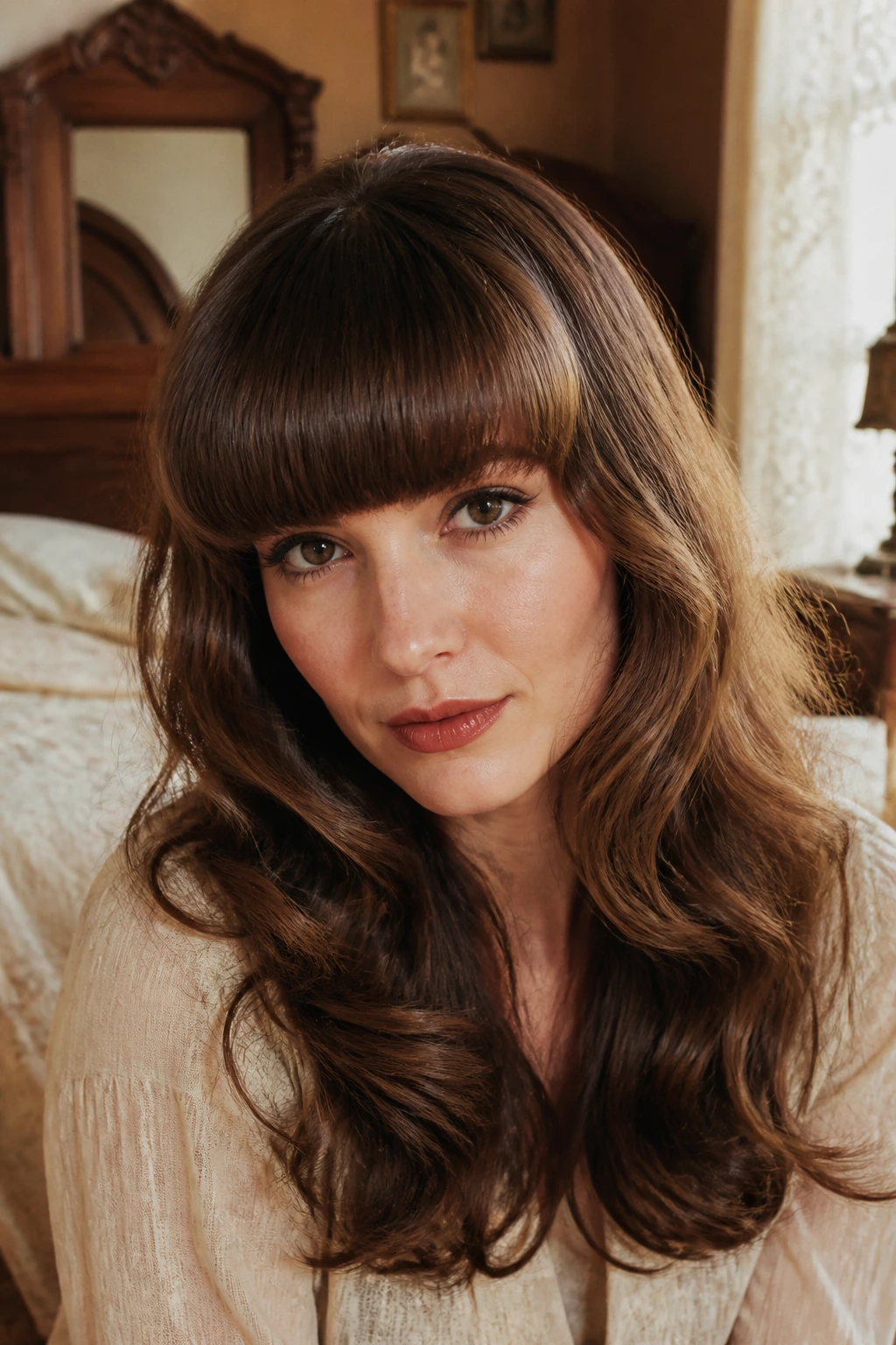 Close-up portrait of a woman with bumper bangs and long waves in warm window light