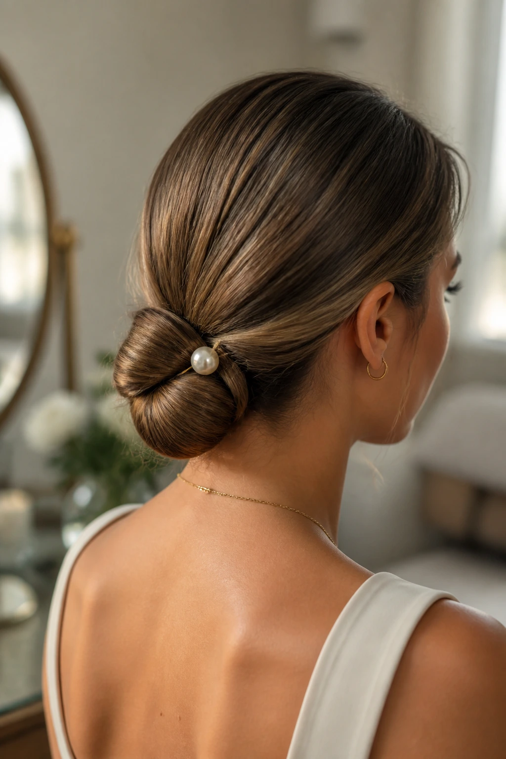 Close-up of a real woman's head and shoulders showing a sleek twisted bun at the nape with a pearl pin, lit by warm window light