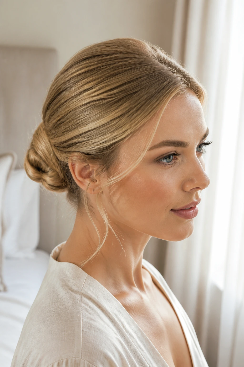 Close-up of a real woman with a sleek honey-blonde bun and soft tendrils