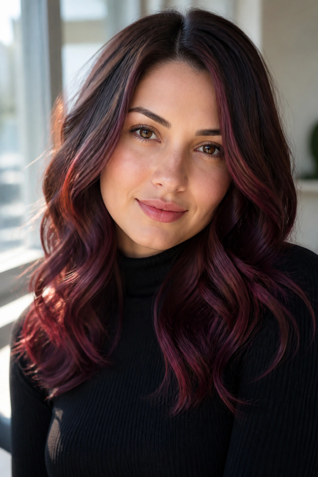 Real woman with burgundy balayage and soft curls in a sunlit room