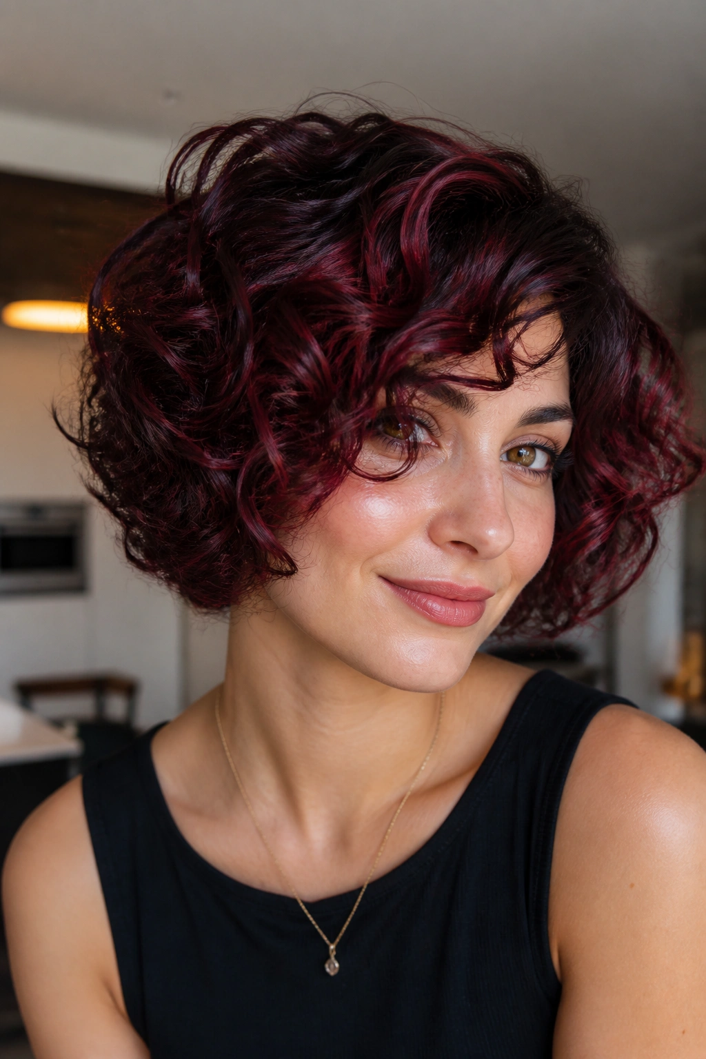 Close-up of a real woman with a curly bob and burgundy balayage.