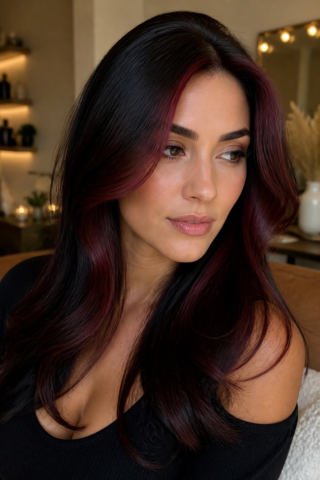 Close-up of a real person with espresso hair and burgundy contour highlights