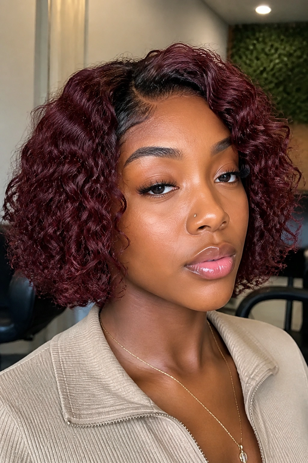 Real woman with burgundy curly bob.