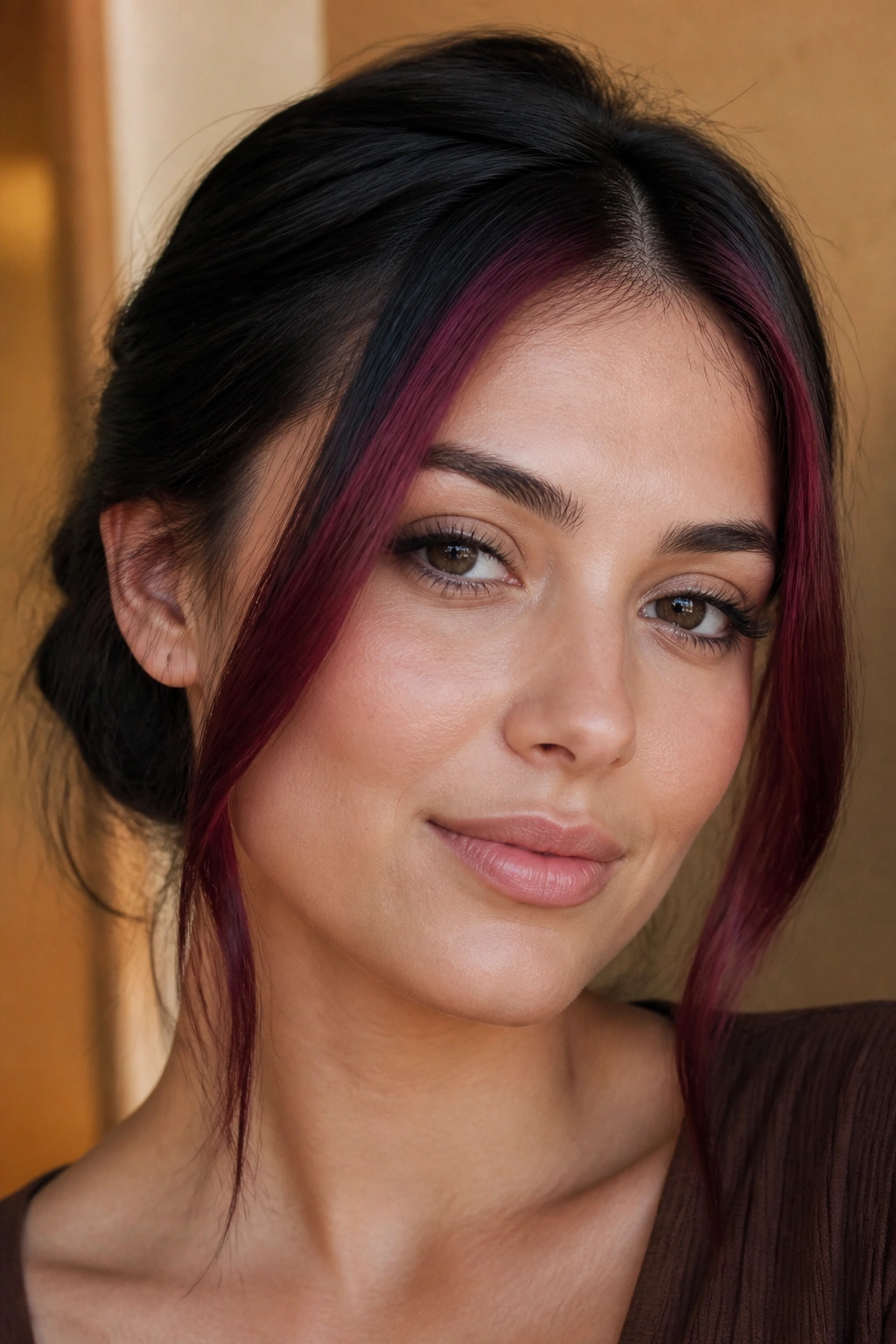 Close-up of a real woman showing burgundy face-frame highlights along the cheeks
