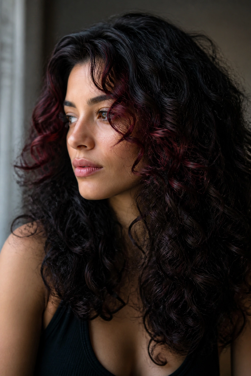 Close-up of burgundy face frame highlights on dark curls.