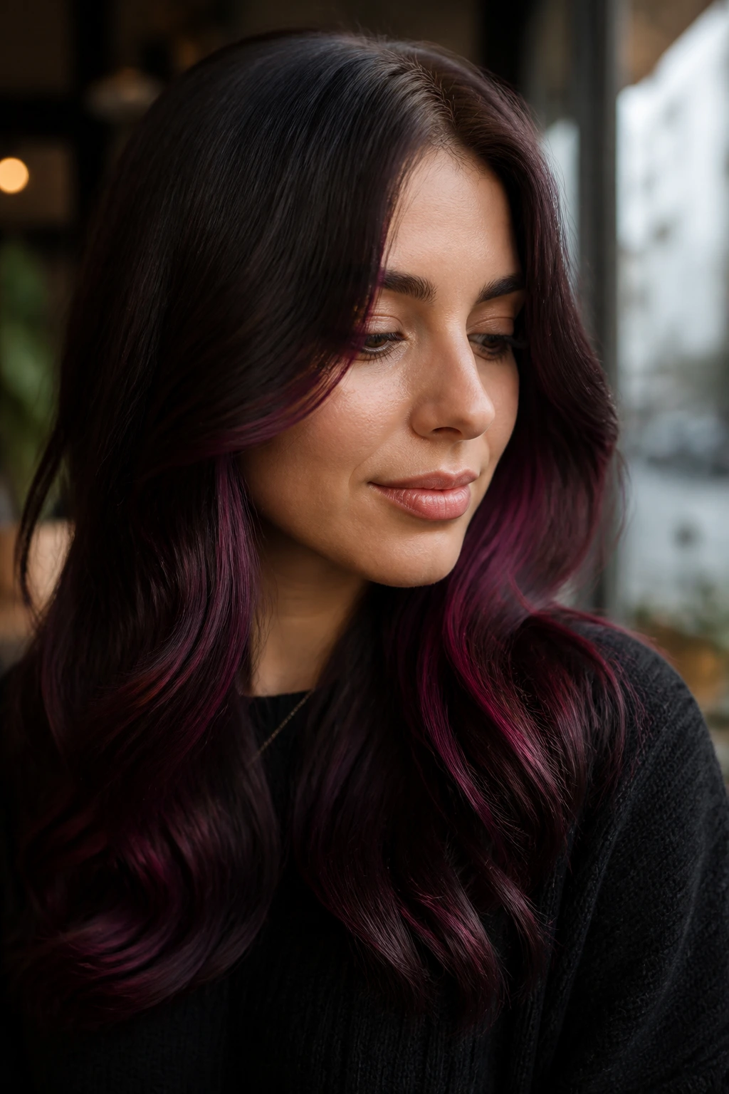 Close-up of a real woman with burgundy peekaboo hair near the cheek.