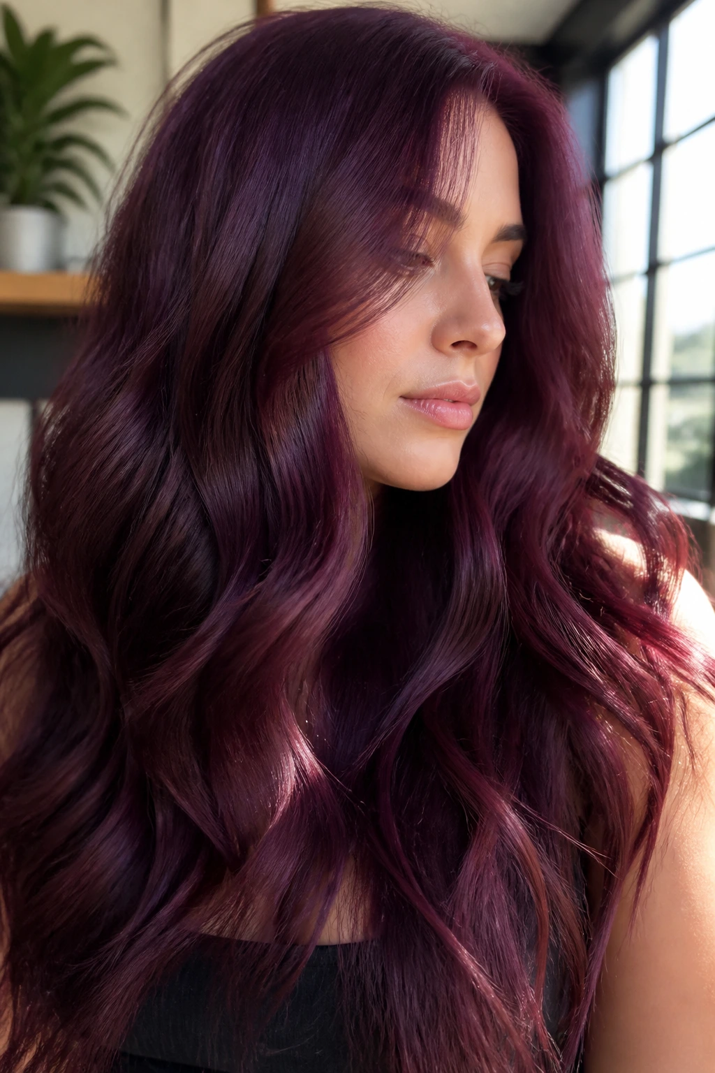 Close-up of a real woman with long burgundy hair and violet undertone in natural light