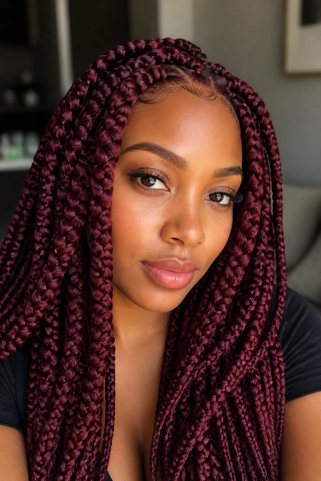 Close-up portrait of a woman with burgundy jumbo box braids