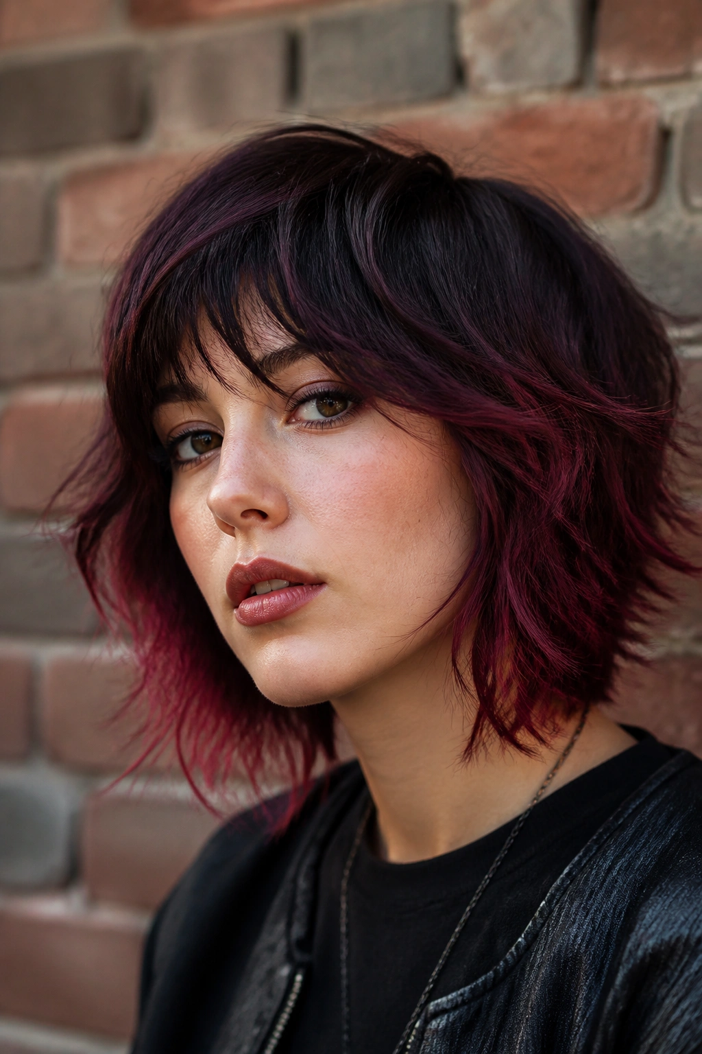 Close-up of a real woman with burgundy ombre on a short shag under moody lighting