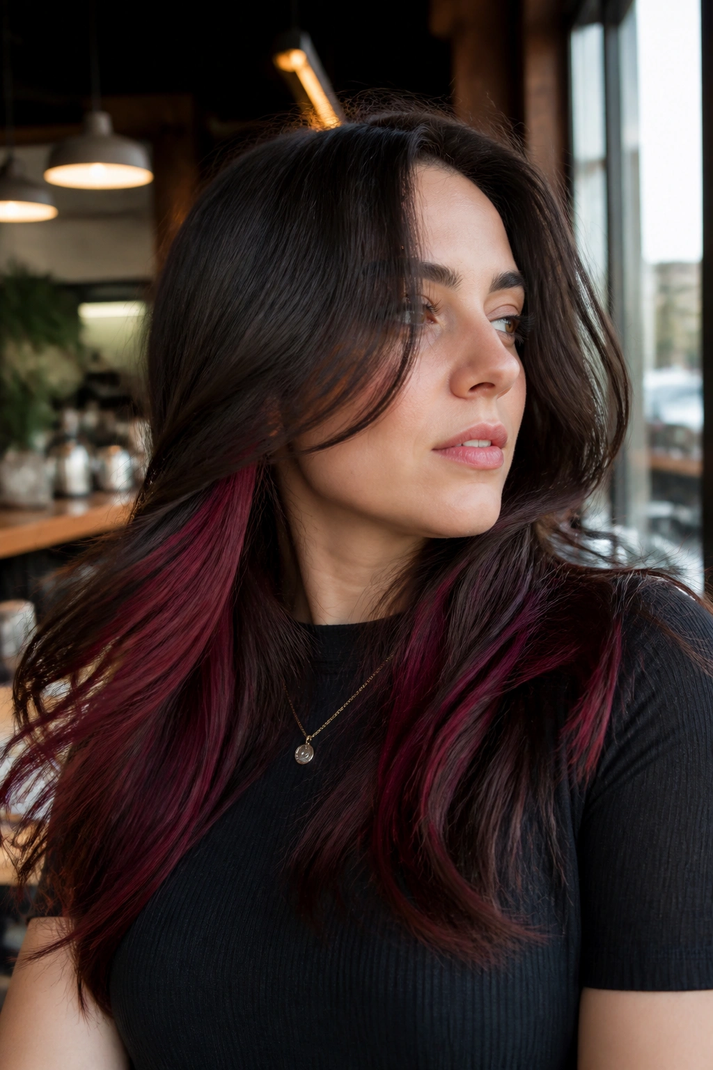 Portrait of a brunette with burgundy peekaboo panels under dark brown hair