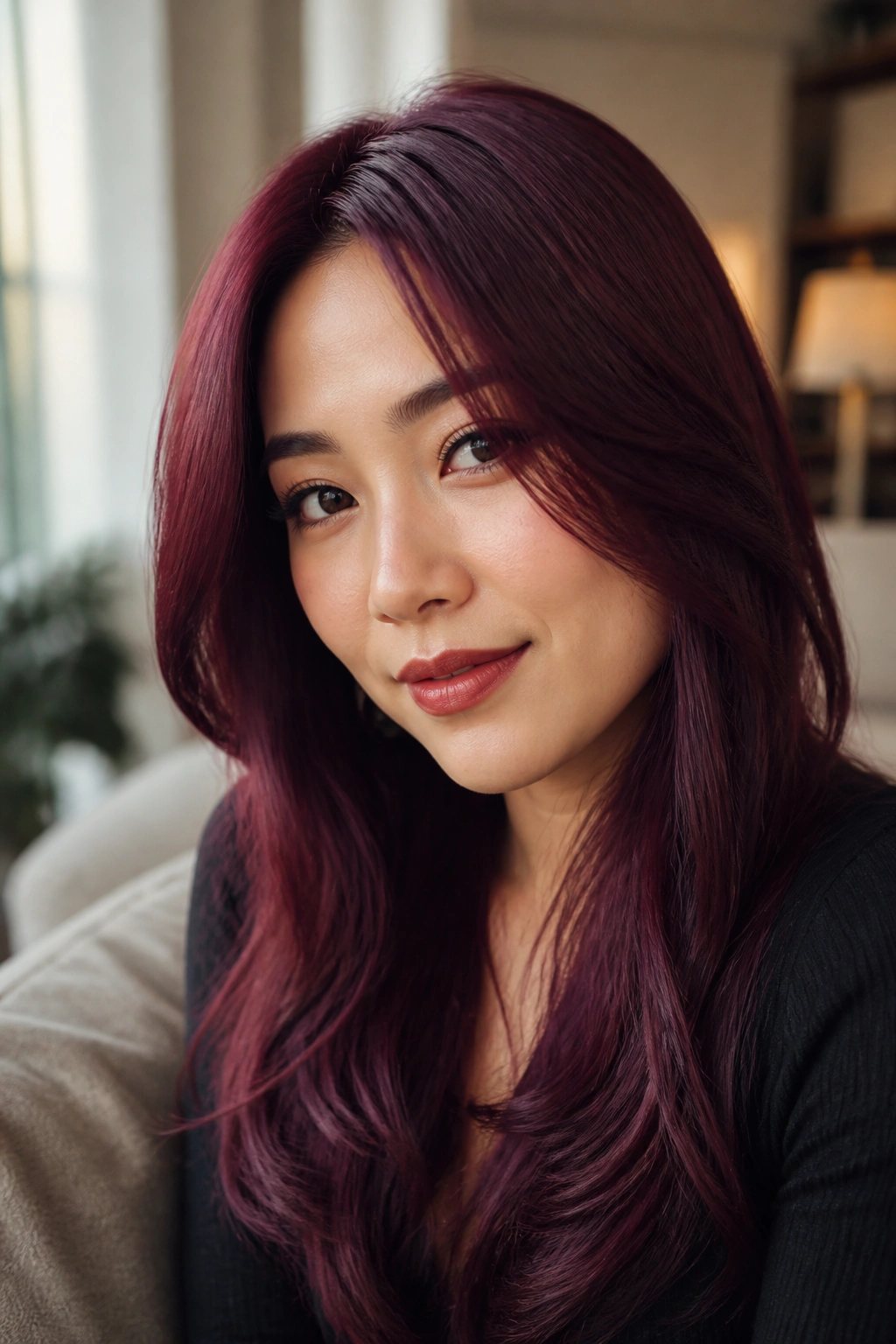 Close-up portrait of a real woman with burgundy plum hair in wine-red purple tones