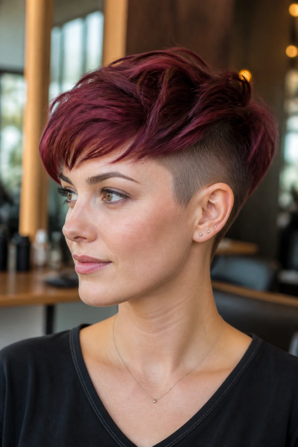 Close-up of a real woman with burgundy undercut crop hairstyle