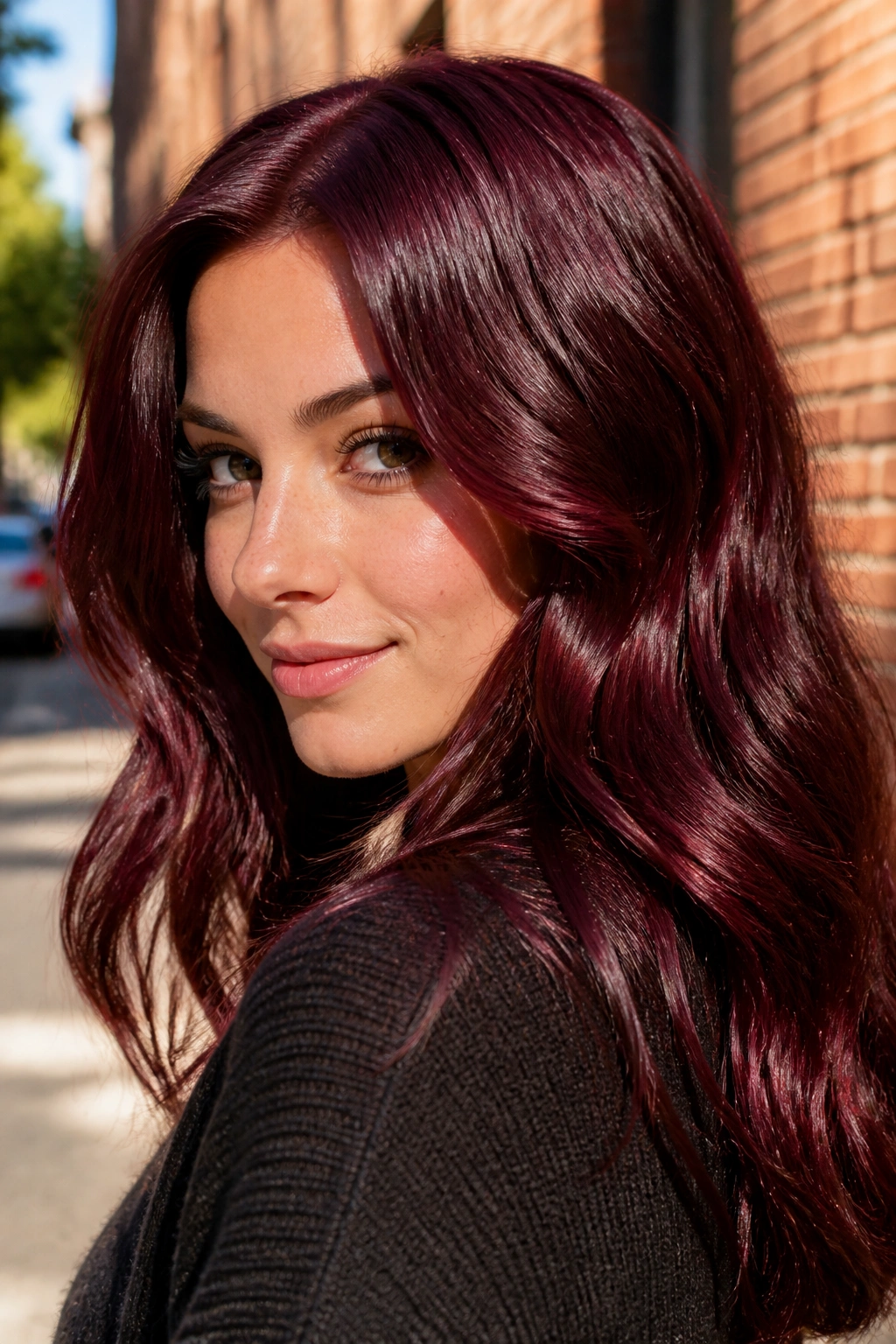 Close-up portrait of a real woman with burgundy wine hair color.
