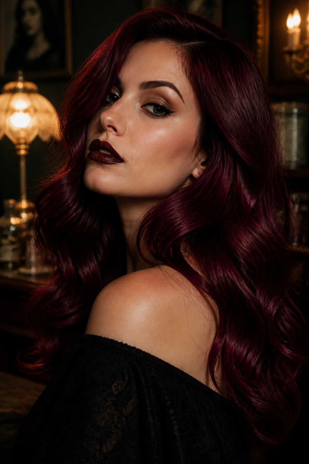 Close-up portrait of a real person with burgundy wine hair filling the frame