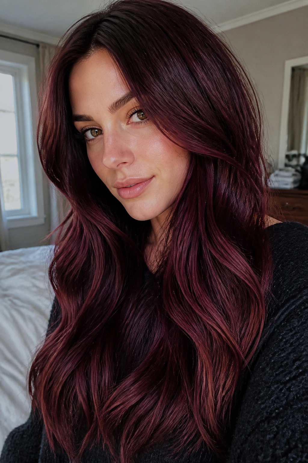 Close-up of a woman with long burgundy wine hair in soft window light