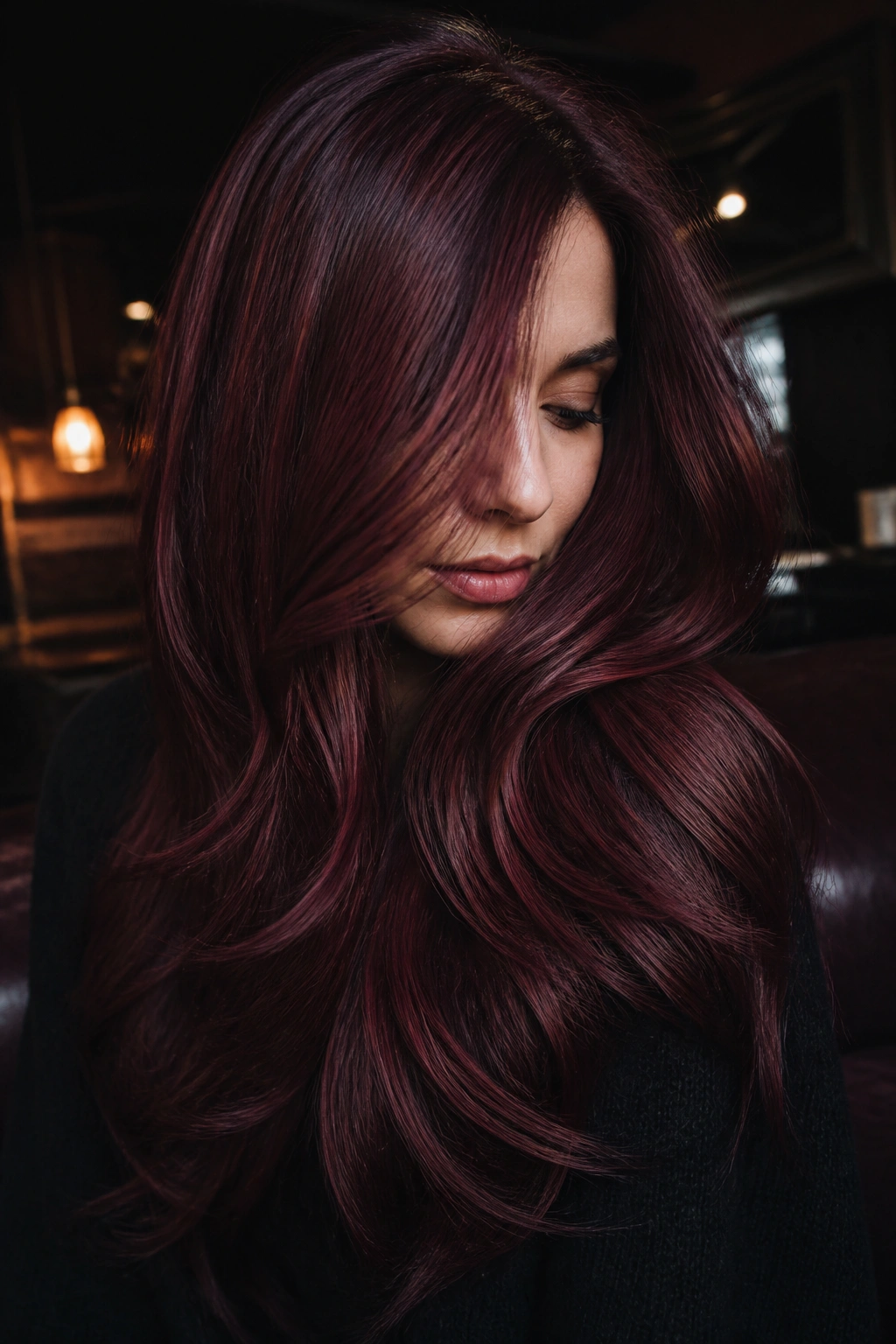 Close-up of a real woman with burgundy wine layered hair