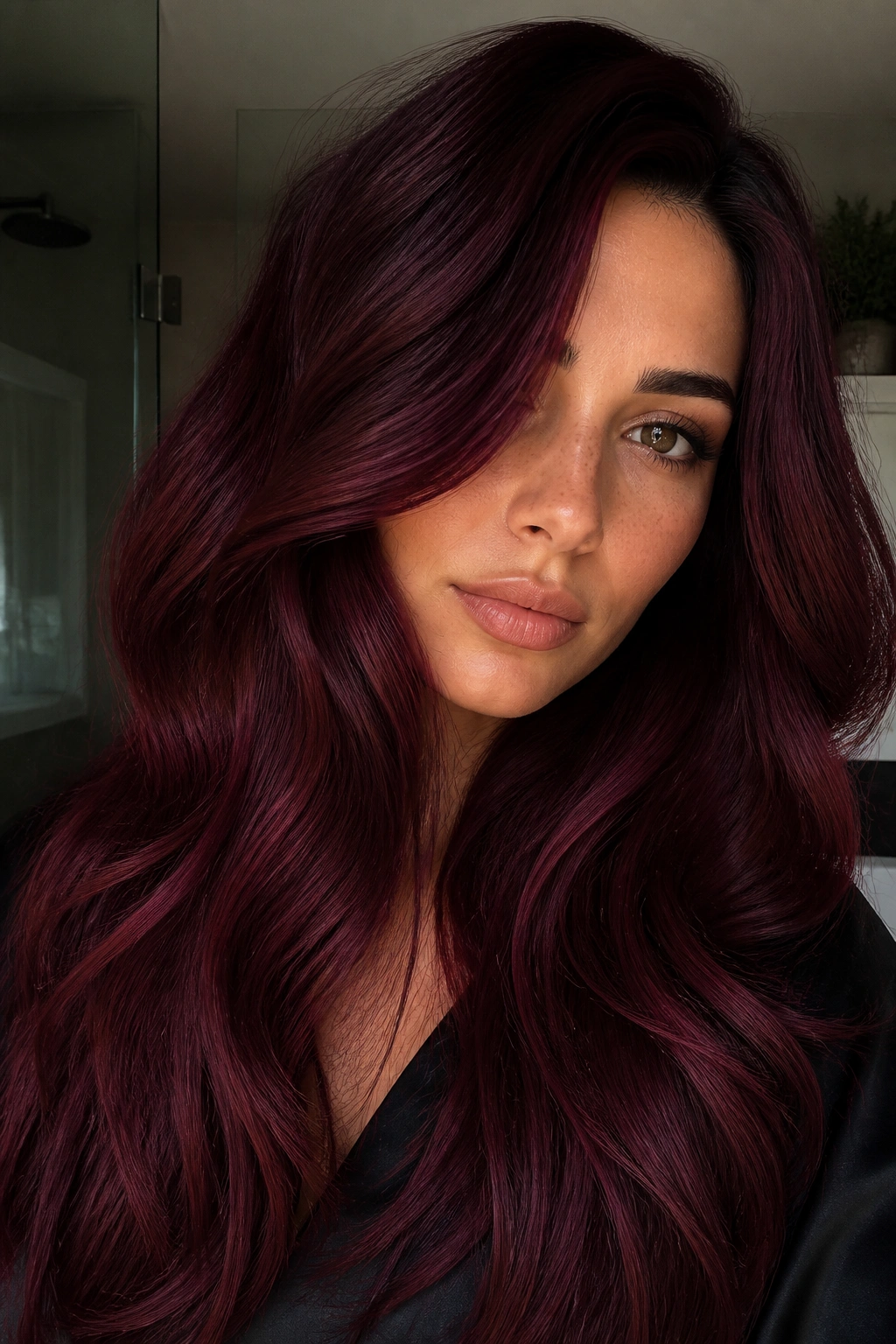 Close-up portrait of burgundy wine hair on a real person in moody indoor lighting