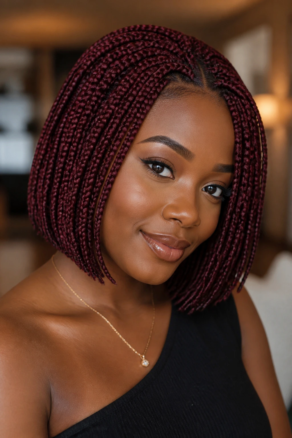 Portrait of a person wearing burgundy wine-toned braided bob