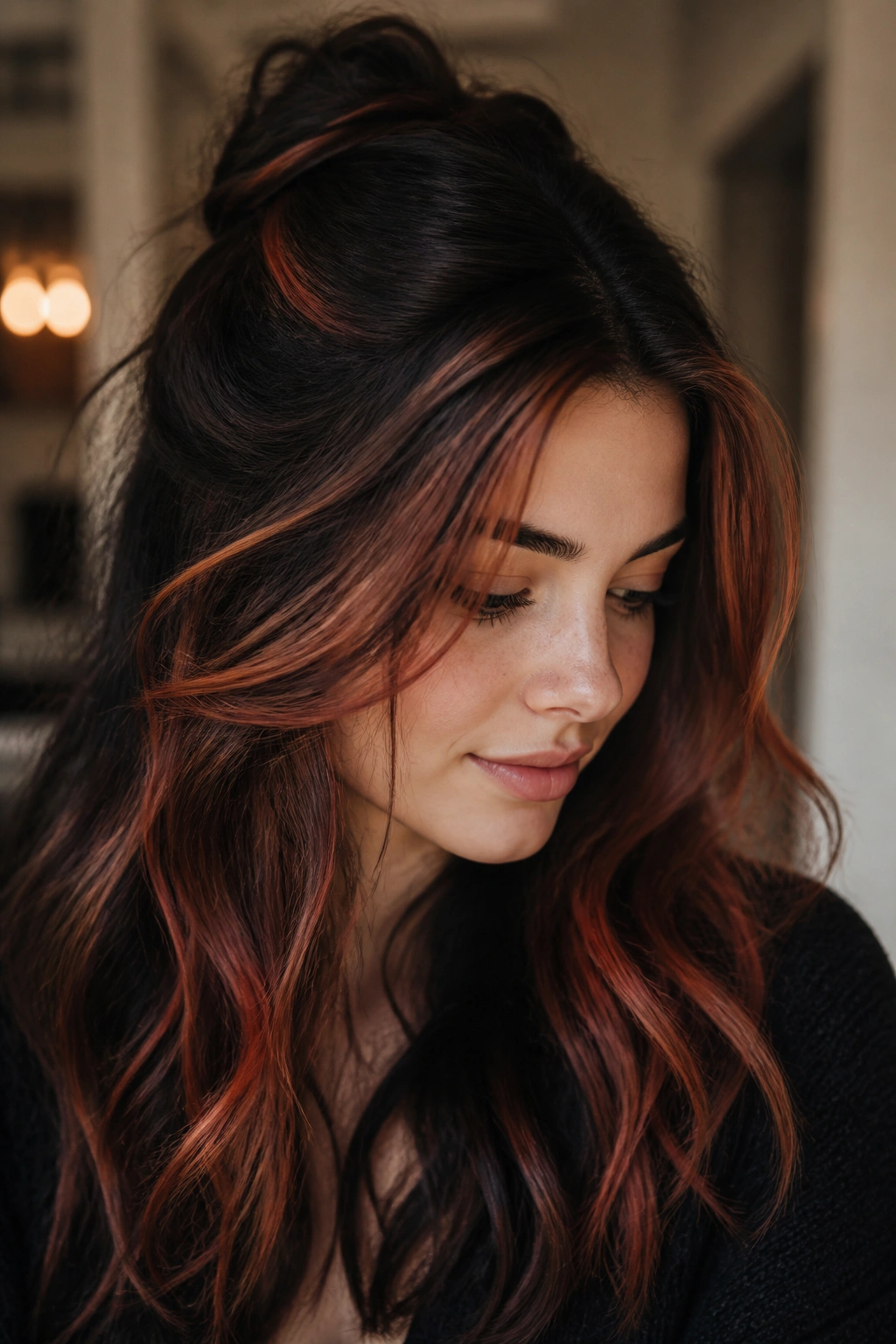 Close-up of brunette with burnt coral highlights around the face in warm indoor light