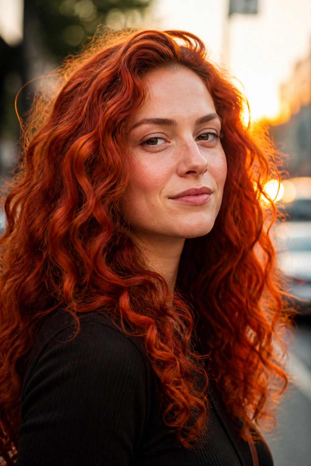 Close-up portrait of a real person with burnt orange red hair in golden hour light