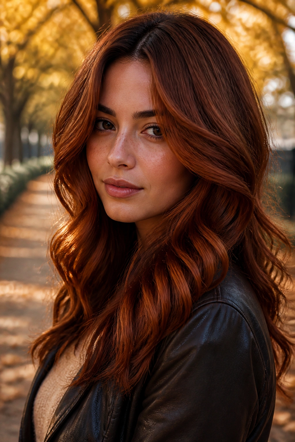 Portrait of a woman with burnt sienna auburn hair in warm earthy tones.