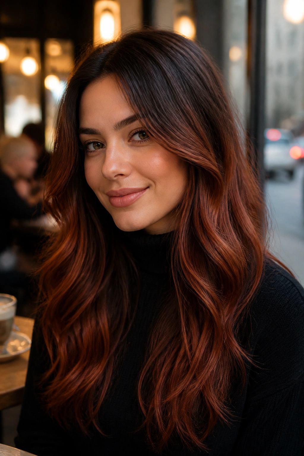 Close-up of a real woman with burnt sienna balayage ombre along long hair.