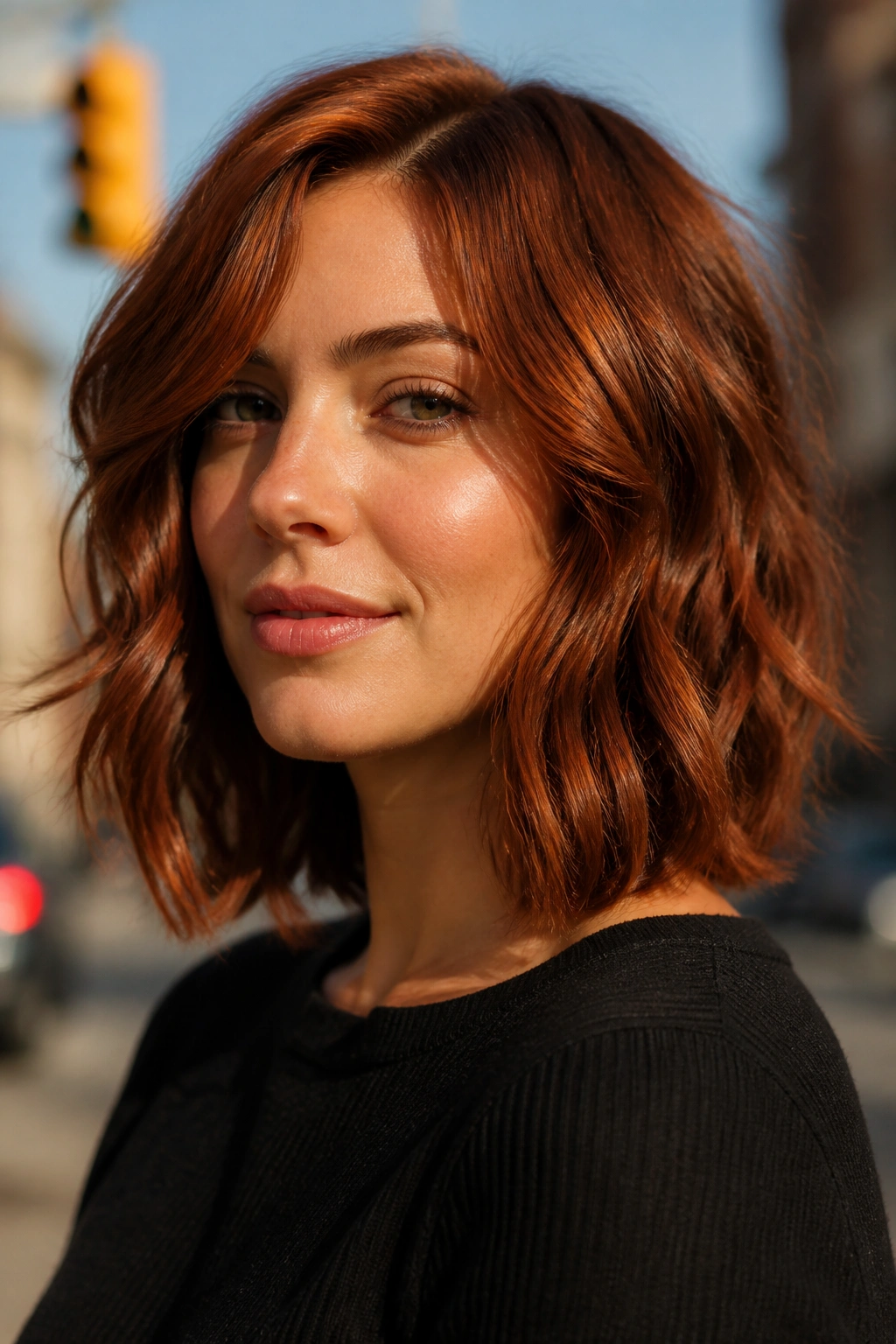 Close-up of a real woman with burnt sienna textured lob