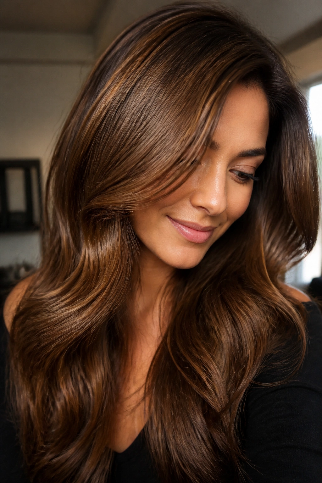 Close-up of a real woman's burnt sugar brown hair with glossy finish.