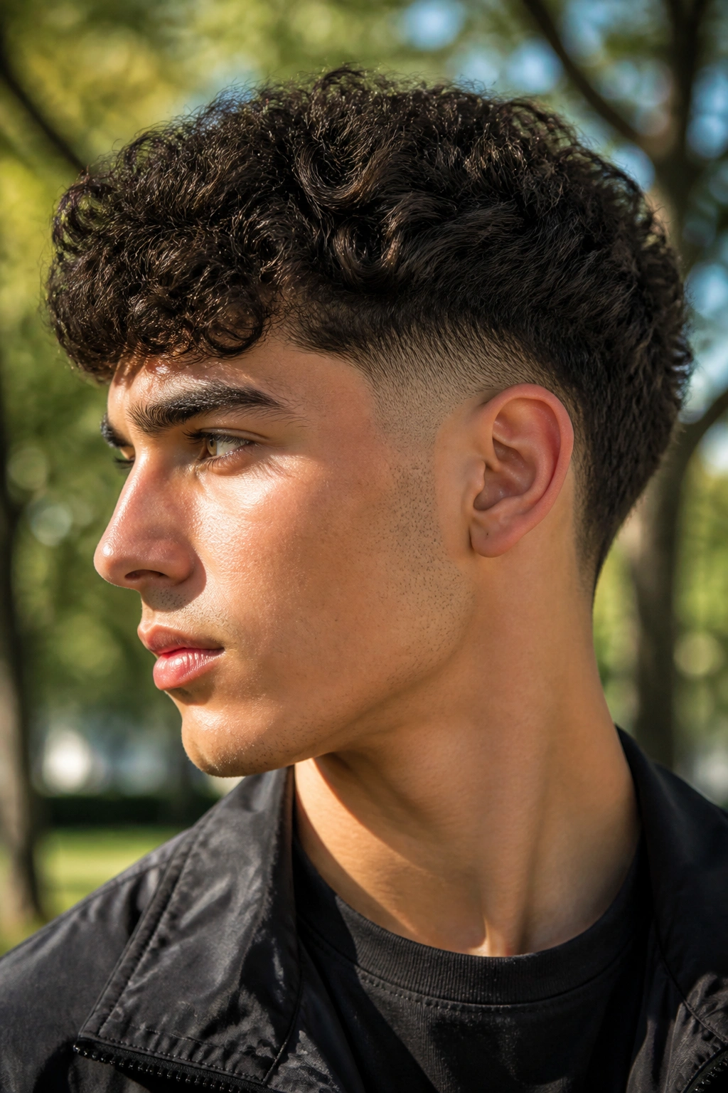 Close-up portrait of a man with a burst fade curly crop, arc around the ear and defined top curls.