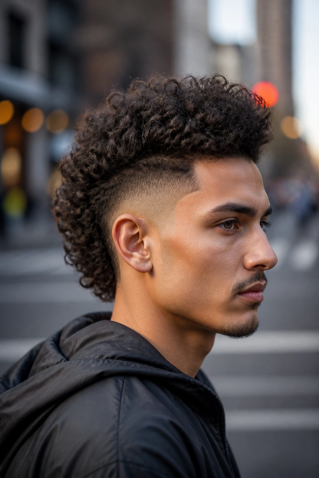Man with Burst Fade Curly Mohawk in urban street setting