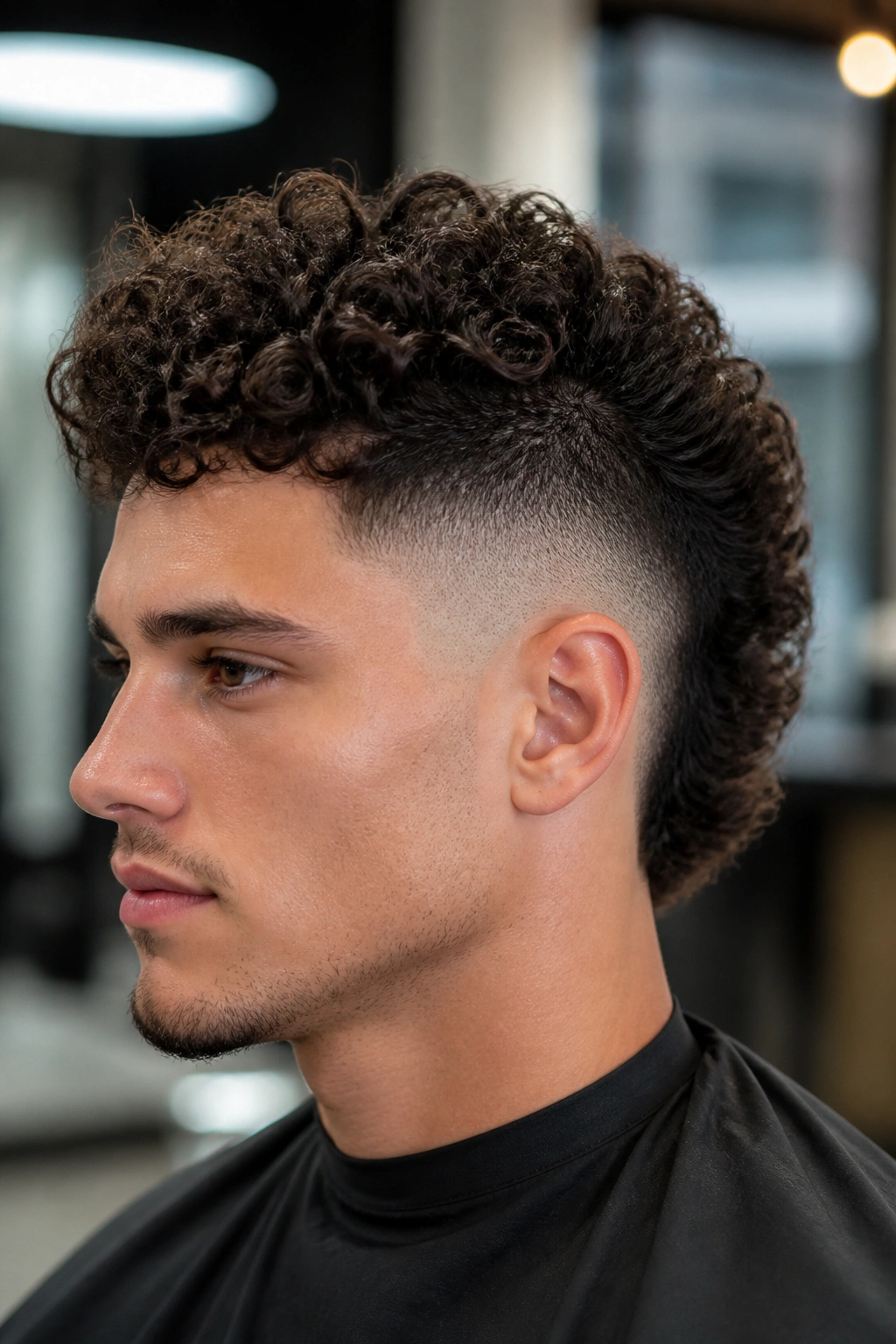 Close-up portrait of a man with burst fade curly mohawk in a modern salon