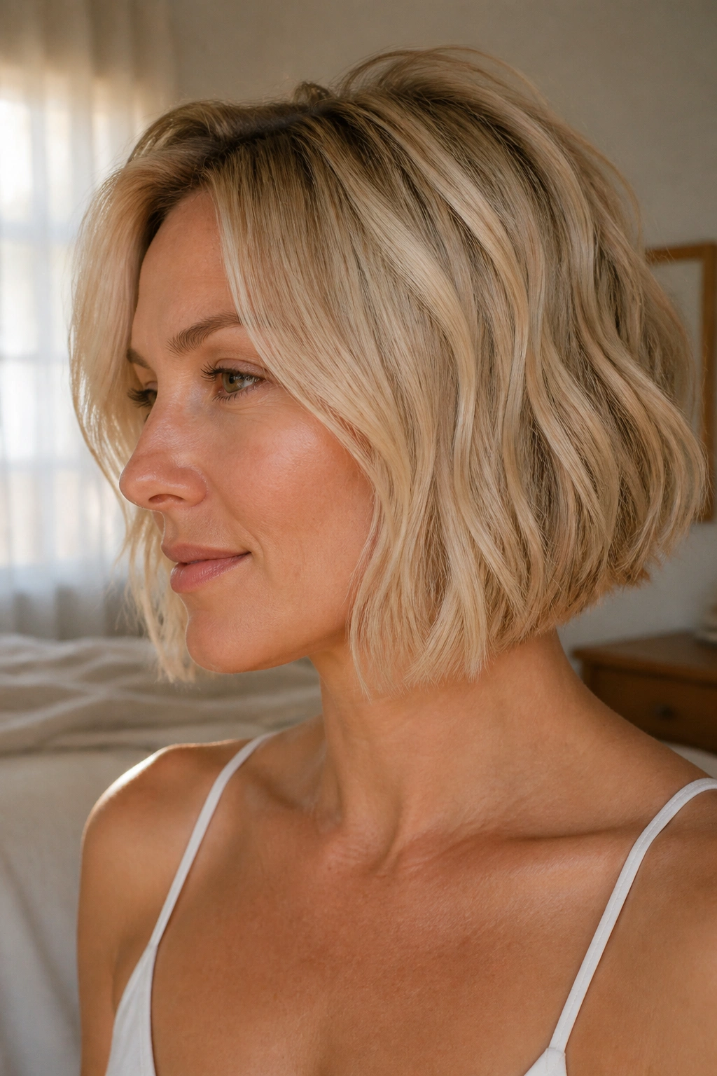 Close-up of a real woman with a textured butter-blonde bob and invisible layers in warm light